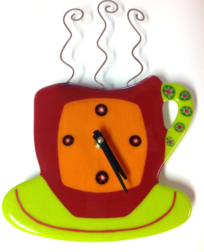 Coffee Cup Wall Clock Red Break Time Am Glass Studio - Red Coffee Cup Wall Clock